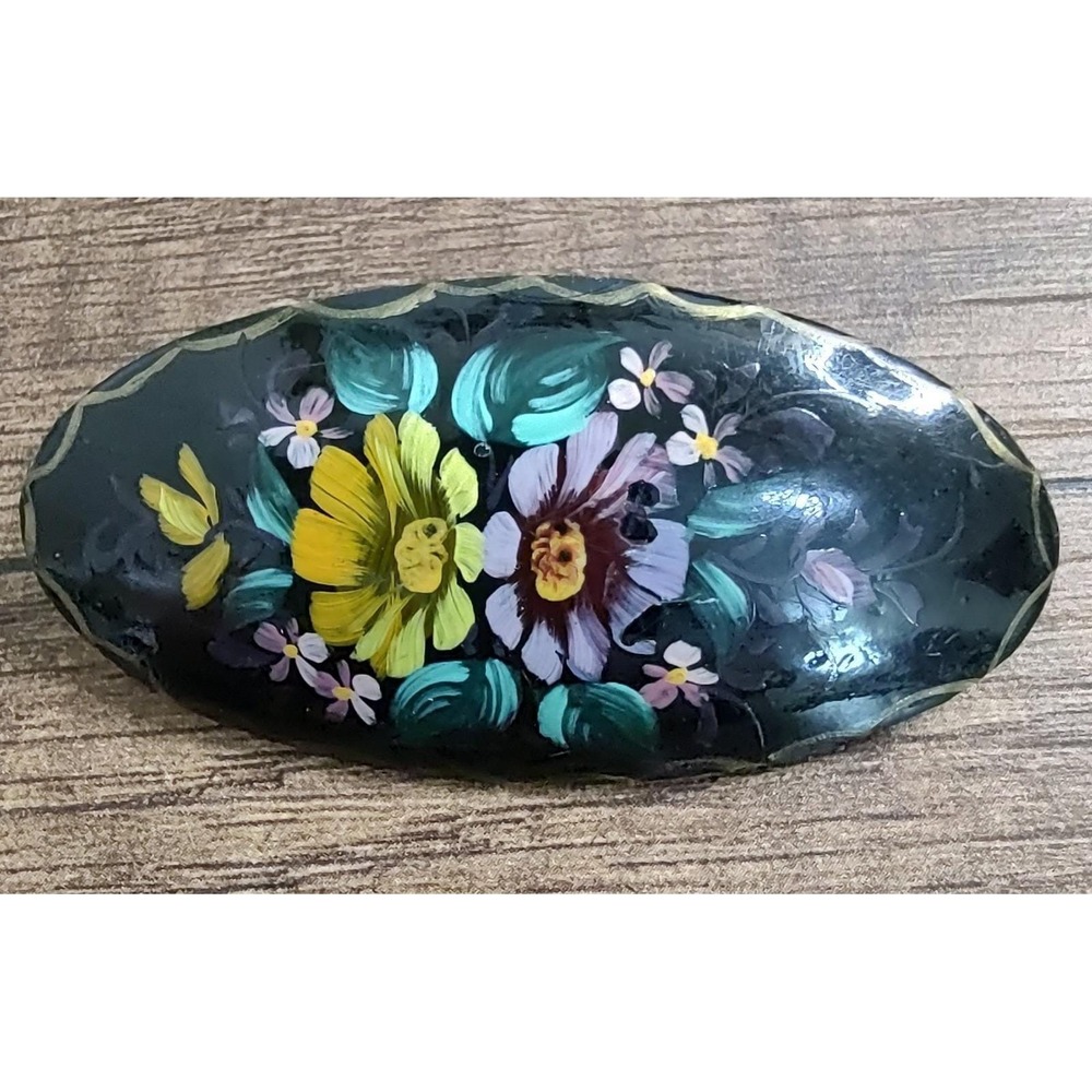 VTG Russian Oval Floral Flower Black Lacquer Brooch Pin Signed Handpainted J99